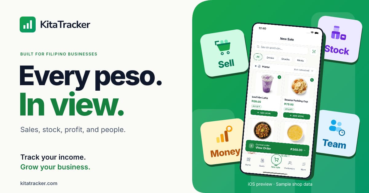 KitaTracker — Every peso. In view. The Sell, Stock, Money, and Team workspace illustrations surround an iOS checkout preview with sample shop data.