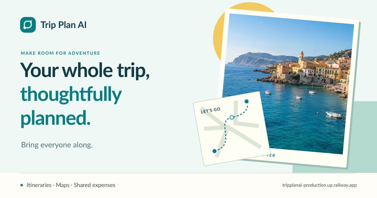Trip Plan AI — Your whole trip, thoughtfully planned. A coastal postcard and an editable vector route map.